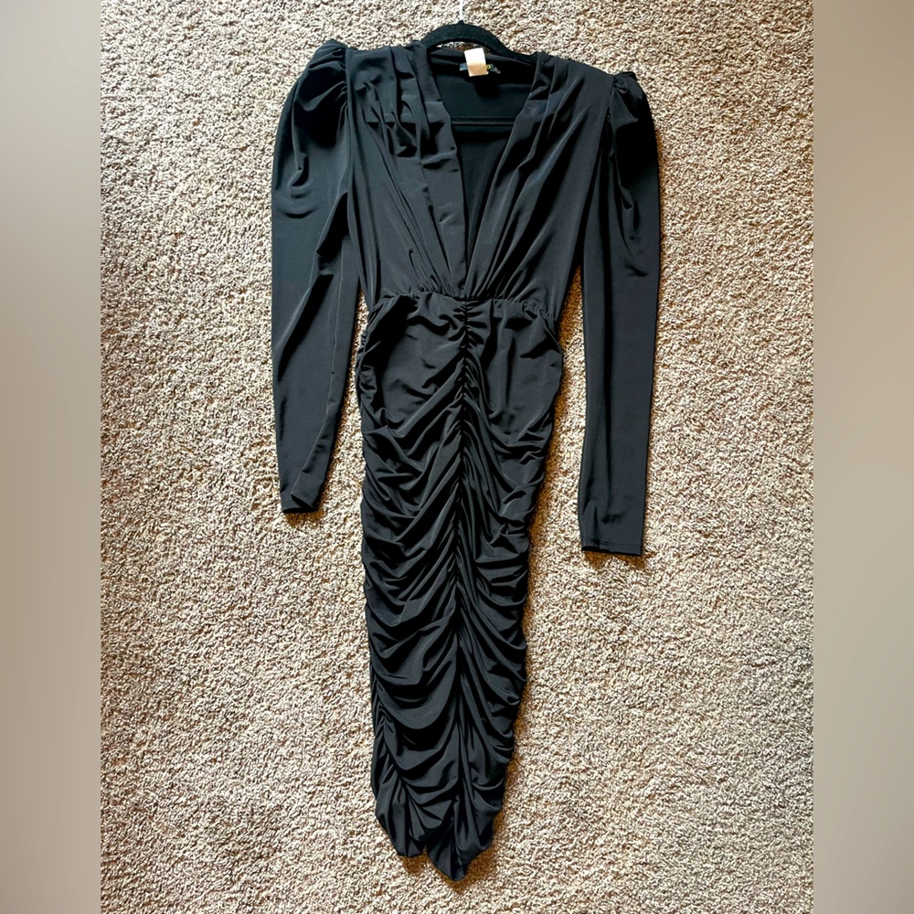 Brand New Black Ruched Midi Dress Size M